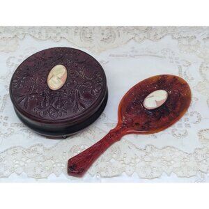 Avon Vintage Lucite Cameo Vanity Set Hand Mirror and Powder Trinket Box Amber